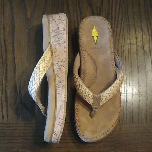 VOLATILE Cork Wedge Flip Flops Khaki